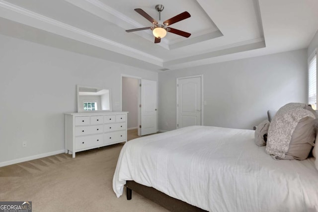 3980 Suwanee Place Dr, Suwanee, GA 30024 - bedroom with a tray ceiling, light colored carpet, baseboards, and ceiling fan