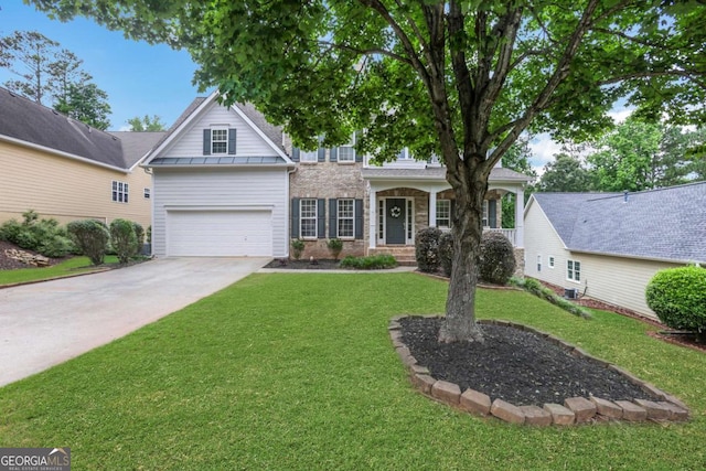 3980 Suwanee Place Dr, Suwanee, GA 30024 - traditional home with driveway, a front yard, an attached garage, and a standing seam roof