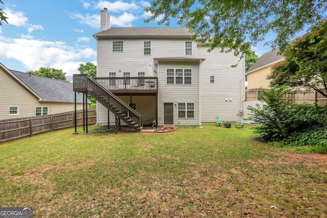 3980 Suwanee Place Dr, Suwanee, GA 30024 - rear view of property featuring a wooden deck, stairs, and a chimney
