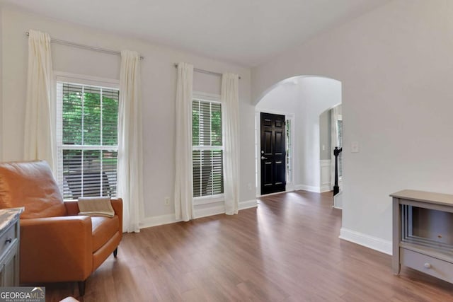 3980 Suwanee Place Dr, Suwanee, GA 30024 - living area featuring arched walkways, wood finished floors, healthy amount of natural light, and baseboards