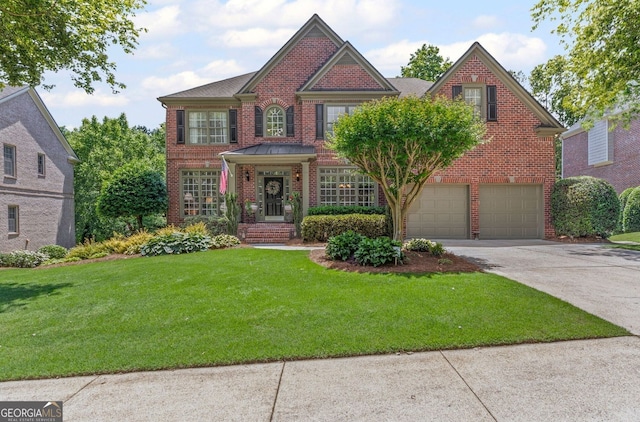 7047 Bennington Ln, Cumming, GA 30041 - georgian-style home featuring brick siding, driveway, a front yard, and a garage
