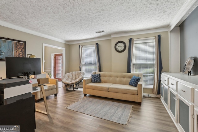 135 Clubhouse Dr NW, Kennesaw, GA 30144 - living area with crown molding, wood finished floors, and a textured ceiling