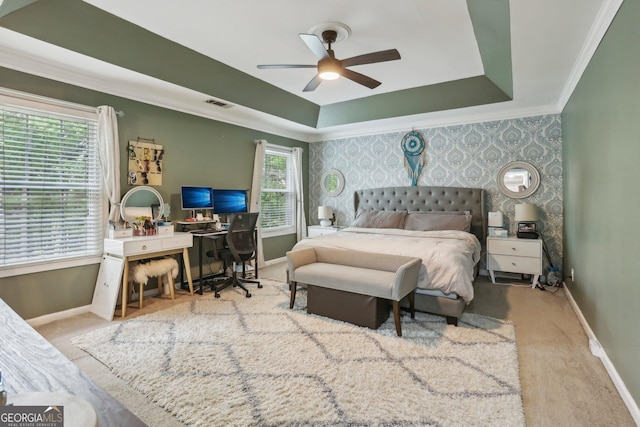 135 Clubhouse Dr NW, Kennesaw, GA 30144 - bedroom featuring ornamental molding, baseboards, carpet floors, a raised ceiling, and an office area