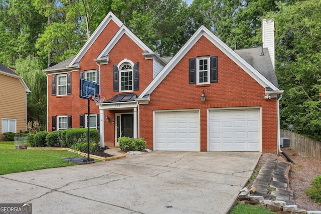 135 Clubhouse Dr NW, Kennesaw, GA 30144 - traditional-style home with brick siding, driveway, a chimney, cooling unit, and a garage