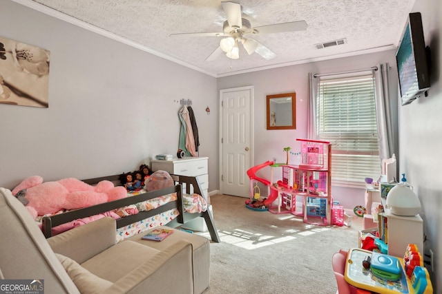 135 Clubhouse Dr NW, Kennesaw, GA 30144 - bedroom featuring carpet flooring, a textured ceiling, ornamental molding, and a ceiling fan