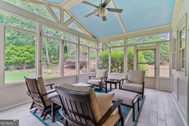 8045 Depford Way, Cumming, GA 30041 - sunroom featuring a ceiling fan, vaulted ceiling, and an outdoor living space