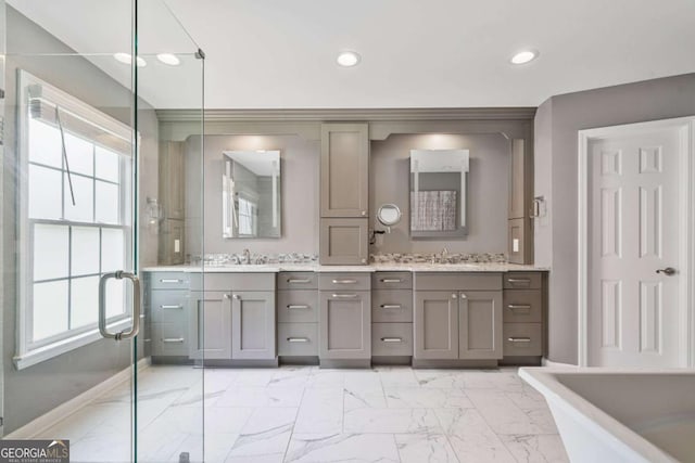 8045 Depford Way, Cumming, GA 30041 - bathroom with marble look tiles, double vanity, a shower stall, a freestanding tub, and recessed lighting