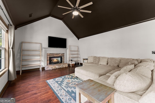 5995 Wellington Ave, Gainesville, GA 30506 - living room featuring ceiling fan, lofted ceiling, dark wood-style floors, a fireplace, and baseboards