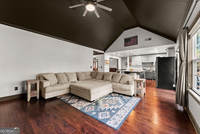 5995 Wellington Ave, Gainesville, GA 30506 - living area featuring a ceiling fan, dark wood-style floors, baseboards, and high vaulted ceiling