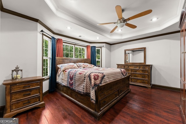 5995 Wellington Ave, Gainesville, GA 30506 - bedroom with ornamental molding, a tray ceiling, wood-type flooring, baseboards, and recessed lighting