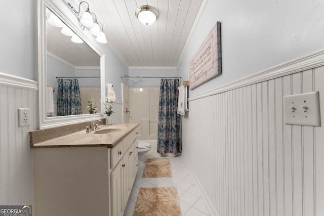 5995 Wellington Ave, Gainesville, GA 30506 - full bath featuring vanity, tile patterned flooring, toilet, shower / bath combination with curtain, and crown molding