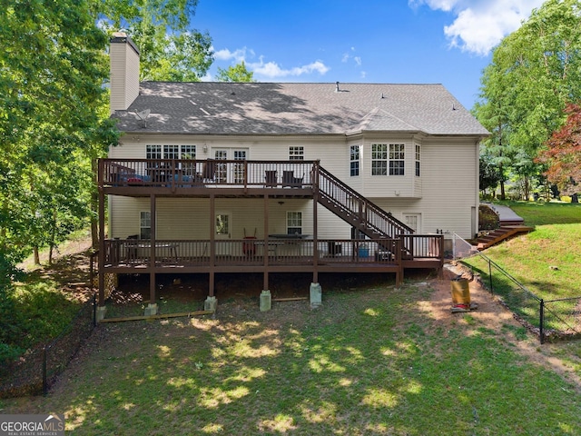 5995 Wellington Ave, Gainesville, GA 30506 - back of house featuring a wooden deck, stairway, a chimney, and a shingled roof