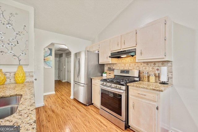 160 Country Mill Ln, Stockbridge, GA 30281 - kitchen with appliances with stainless steel finishes, under cabinet range hood, arched walkways, backsplash, and vaulted ceiling