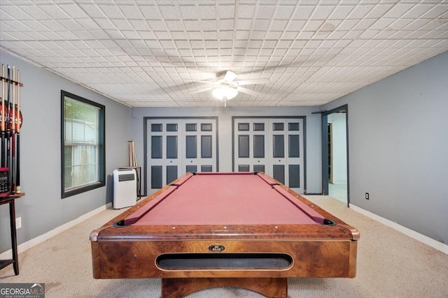 160 Country Mill Ln, Stockbridge, GA 30281 - playroom with a ceiling fan, pool table, baseboards, and carpet floors