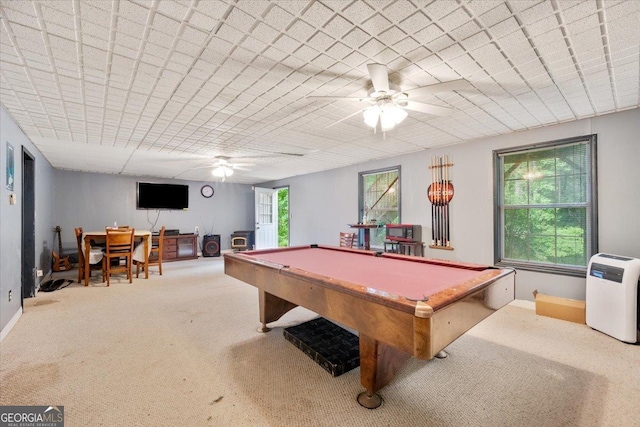 160 Country Mill Ln, Stockbridge, GA 30281 - game room with ceiling fan, carpet flooring, billiards, and baseboards
