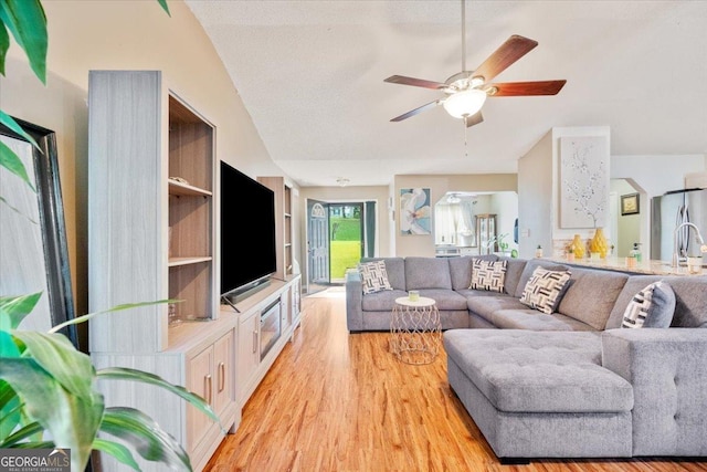 160 Country Mill Ln, Stockbridge, GA 30281 - living area with light wood-style floors, a ceiling fan, and vaulted ceiling