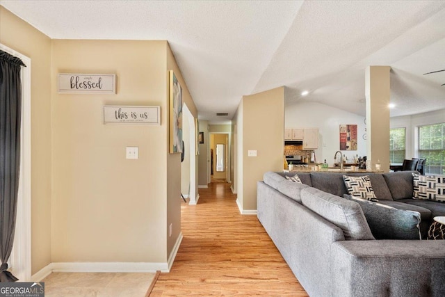 160 Country Mill Ln, Stockbridge, GA 30281 - living area with vaulted ceiling, light wood finished floors, and baseboards