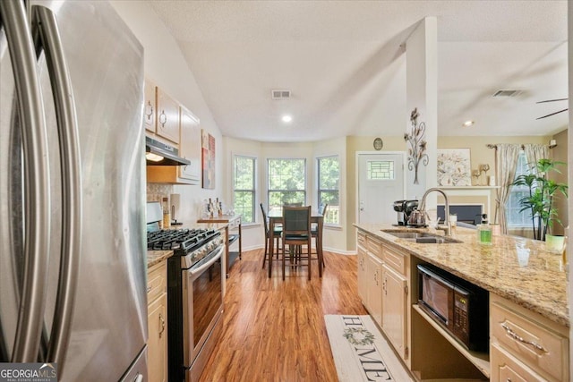 160 Country Mill Ln, Stockbridge, GA 30281 - kitchen with stainless steel appliances, a sink, light wood finished floors, under cabinet range hood, and light stone counters