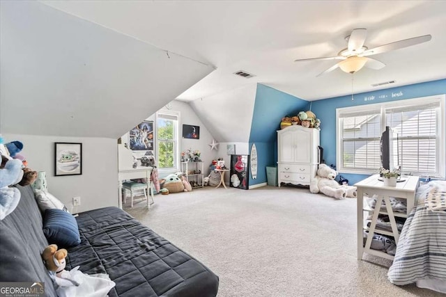242 Sandhurst Ct, Suwanee, GA 30024 - carpeted bedroom with lofted ceiling and a ceiling fan