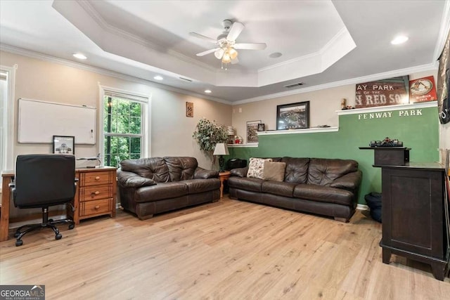 242 Sandhurst Ct, Suwanee, GA 30024 - office area with a raised ceiling, crown molding, ceiling fan, light wood-type flooring, and recessed lighting