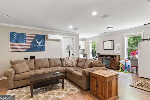 242 Sandhurst Ct, Suwanee, GA 30024 - living area featuring a wall mounted AC, crown molding, plenty of natural light, light wood finished floors, and recessed lighting