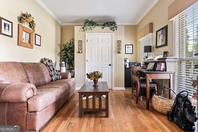 242 Sandhurst Ct, Suwanee, GA 30024 - living room with light wood-style floors, ornamental molding, and baseboards