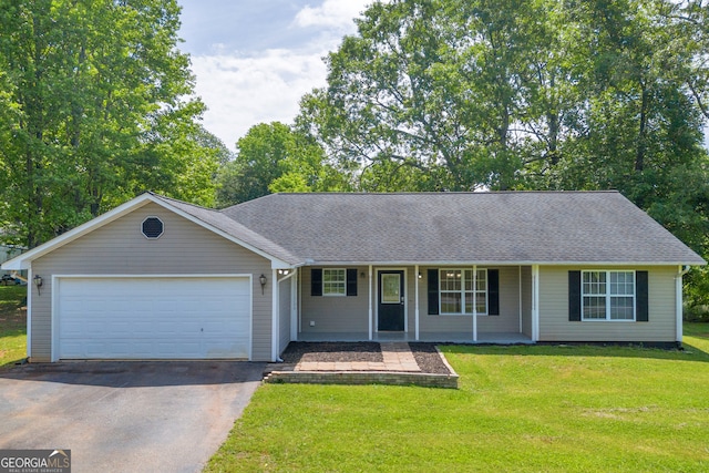464 Old Camp Creek Rd, Cornelia, GA 30531 - ranch-style house featuring asphalt driveway, a porch, an attached garage, a shingled roof, and a front lawn