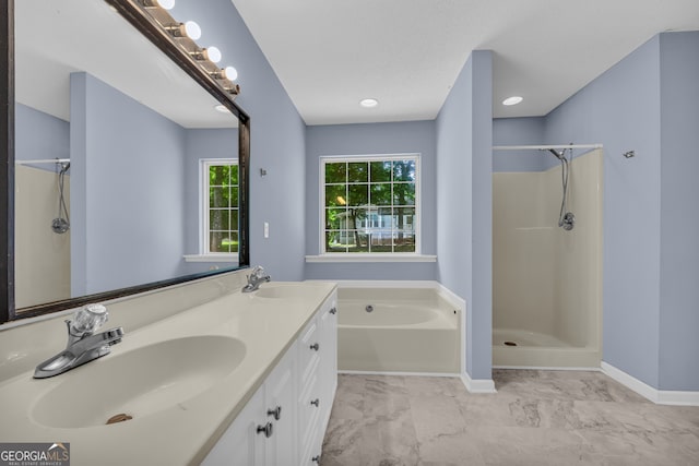 464 Old Camp Creek Rd, Cornelia, GA 30531 - full bathroom featuring a garden tub, double vanity, marble finish floors, and a shower