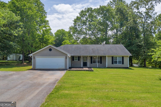 464 Old Camp Creek Rd, Cornelia, GA 30531 - ranch-style home with driveway, covered porch, a garage, and a front yard