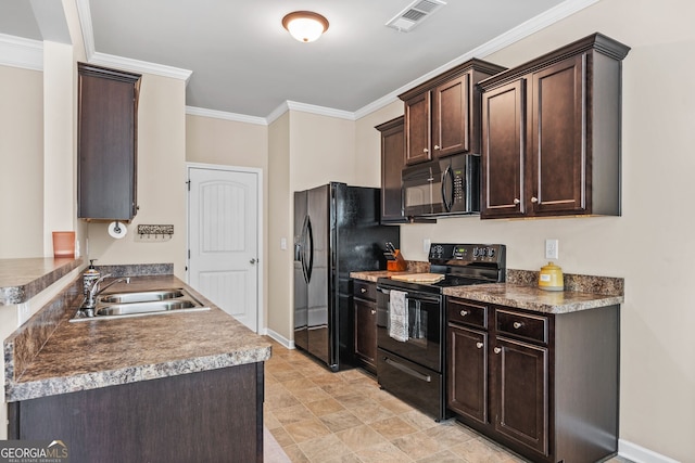 881 Ash St, Canton, GA 30114 - kitchen with black appliances, dark brown cabinetry, and crown molding