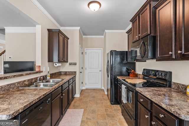 881 Ash St, Canton, GA 30114 - kitchen featuring black appliances, dark brown cabinetry, crown molding, dark countertops, and a peninsula