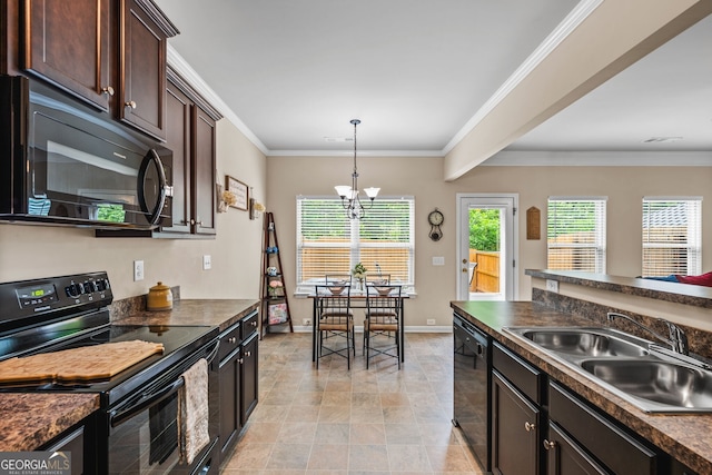 881 Ash St, Canton, GA 30114 - kitchen with black appliances, dark countertops, a chandelier, dark brown cabinets, and ornamental molding