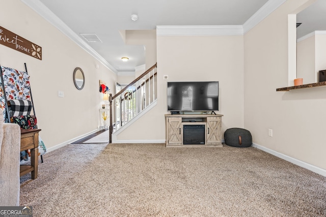 881 Ash St, Canton, GA 30114 - unfurnished living room featuring ornamental molding, stairway, carpet flooring, and a fireplace