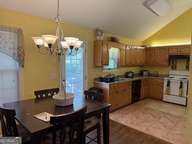1432 Eagles Nest Cir, Carrollton, GA 30116 - kitchen featuring white range with electric stovetop, dishwasher, a chandelier, hanging light fixtures, and lofted ceiling