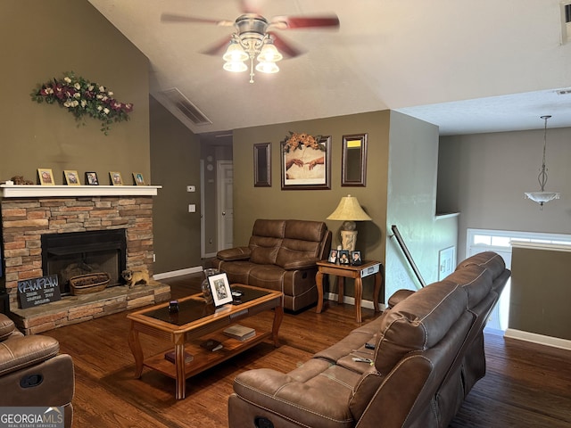 1432 Eagles Nest Cir, Carrollton, GA 30116 - living area featuring lofted ceiling, a ceiling fan, baseboards, wood finished floors, and a fireplace