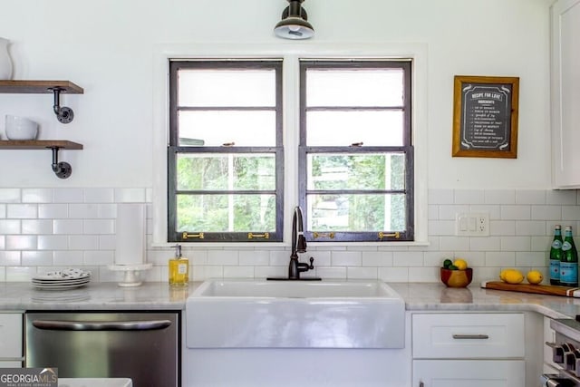 6715 Wright Rd, Sandy Springs, GA 30328 - kitchen with stainless steel dishwasher, white cabinets, backsplash, open shelves, and oven