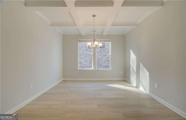 2525 Dixon Pl, Lawrenceville, GA 30045 - unfurnished dining area with a chandelier, light wood-style flooring, beamed ceiling, coffered ceiling, and baseboards