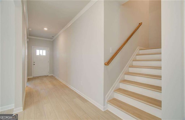 2525 Dixon Pl, Lawrenceville, GA 30045 - stairs with ornamental molding, baseboards, wood finished floors, and recessed lighting