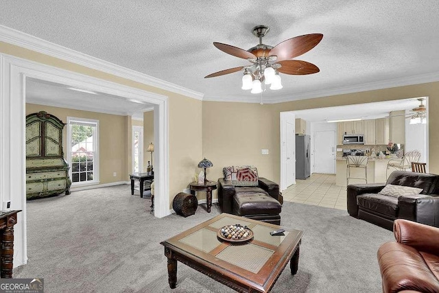 985 Laurel Springs Ln, Marietta, GA 30064 - living room with a ceiling fan, light colored carpet, ornamental molding, and a textured ceiling