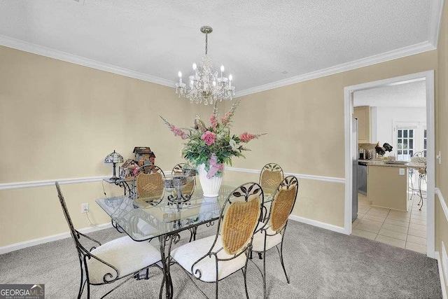985 Laurel Springs Ln, Marietta, GA 30064 - dining space featuring a chandelier, light colored carpet, crown molding, and a textured ceiling
