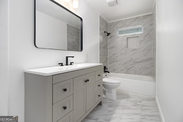 2537 Baker Rd NW, Atlanta, GA 30318 - full bathroom with vanity, marble finish flooring, toilet, shower / tub combination, and baseboards