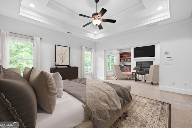 576 Cliftwood Ct, Sandy Springs, GA 30328 - carpeted bedroom with a raised ceiling, ornamental molding, recessed lighting, and ceiling fan