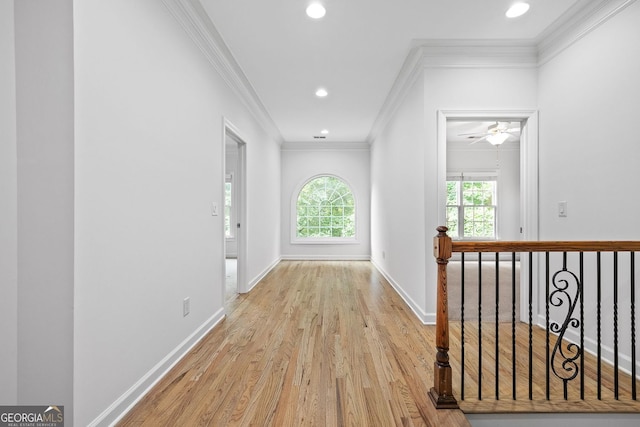 576 Cliftwood Ct, Sandy Springs, GA 30328 - hallway featuring ornamental molding, wood finished floors, recessed lighting, and an upstairs landing