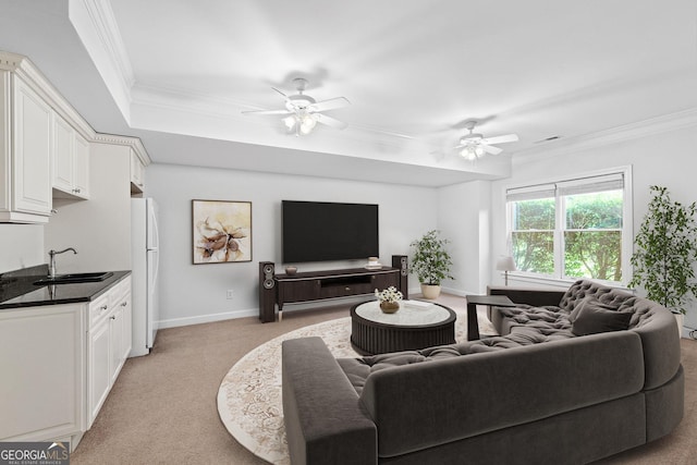 576 Cliftwood Ct, Sandy Springs, GA 30328 - living room featuring ornamental molding, ceiling fan, and light carpet
