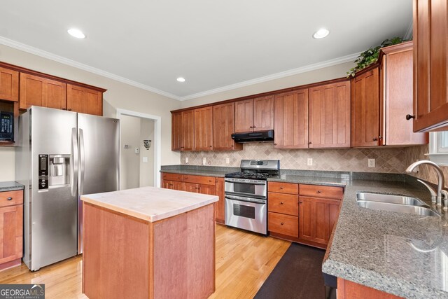 541 Brown Dr, Clermont, GA 30527 - kitchen with appliances with stainless steel finishes, under cabinet range hood, a sink, crown molding, and light wood-style floors