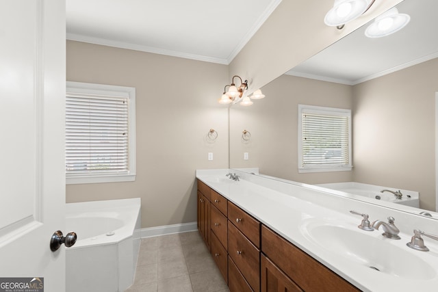 541 Brown Dr, Clermont, GA 30527 - full bathroom with a garden tub, double vanity, tile patterned flooring, ornamental molding, and baseboards