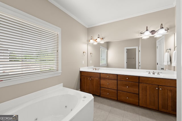 541 Brown Dr, Clermont, GA 30527 - bathroom with double vanity, crown molding, a jetted tub, and tile patterned floors