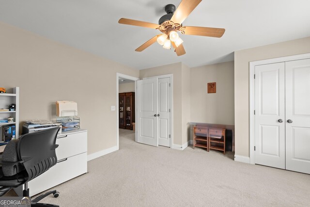 541 Brown Dr, Clermont, GA 30527 - office area featuring light colored carpet, a ceiling fan, and baseboards