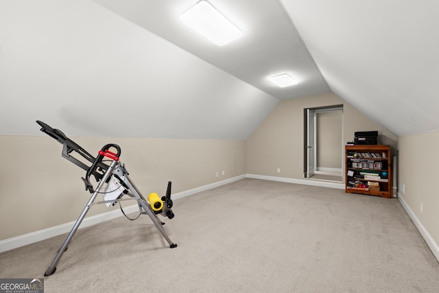 541 Brown Dr, Clermont, GA 30527 - exercise room featuring carpet flooring, lofted ceiling, and baseboards