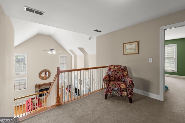 541 Brown Dr, Clermont, GA 30527 - sitting room featuring carpet floors, a ceiling fan, healthy amount of natural light, baseboards, and lofted ceiling